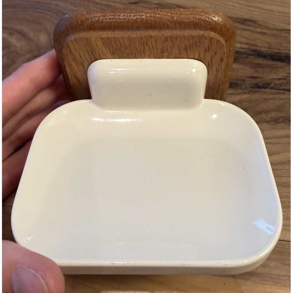 Vintage Wall Mount Soap Dish Cream Plastic Wood Bathroom Retro MCM
